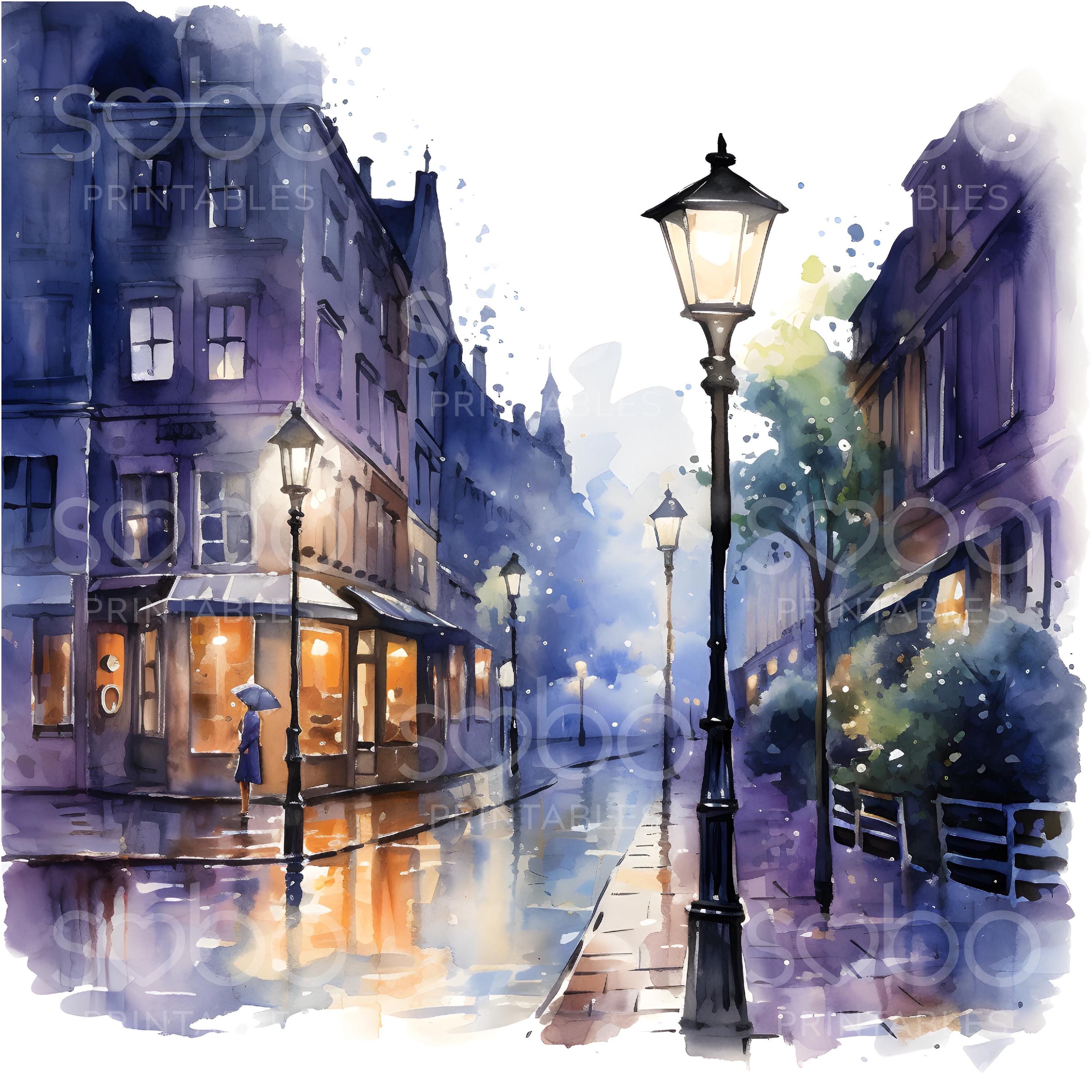 24 雨の街のクリップアート、街灯のクリップアート、印刷可能な水彩画