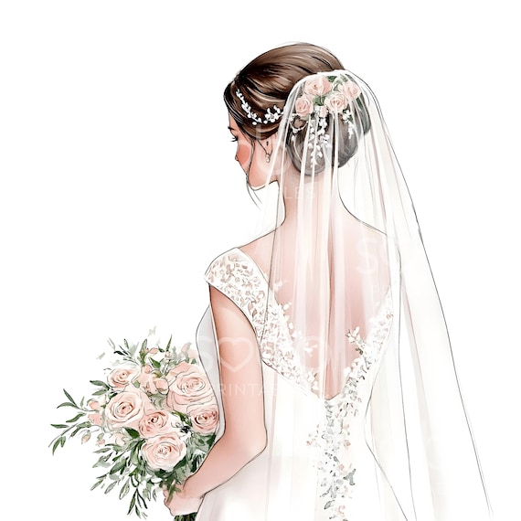 17 Bride With Bouquet Clipart, Wedding, Bride From Back, Printable