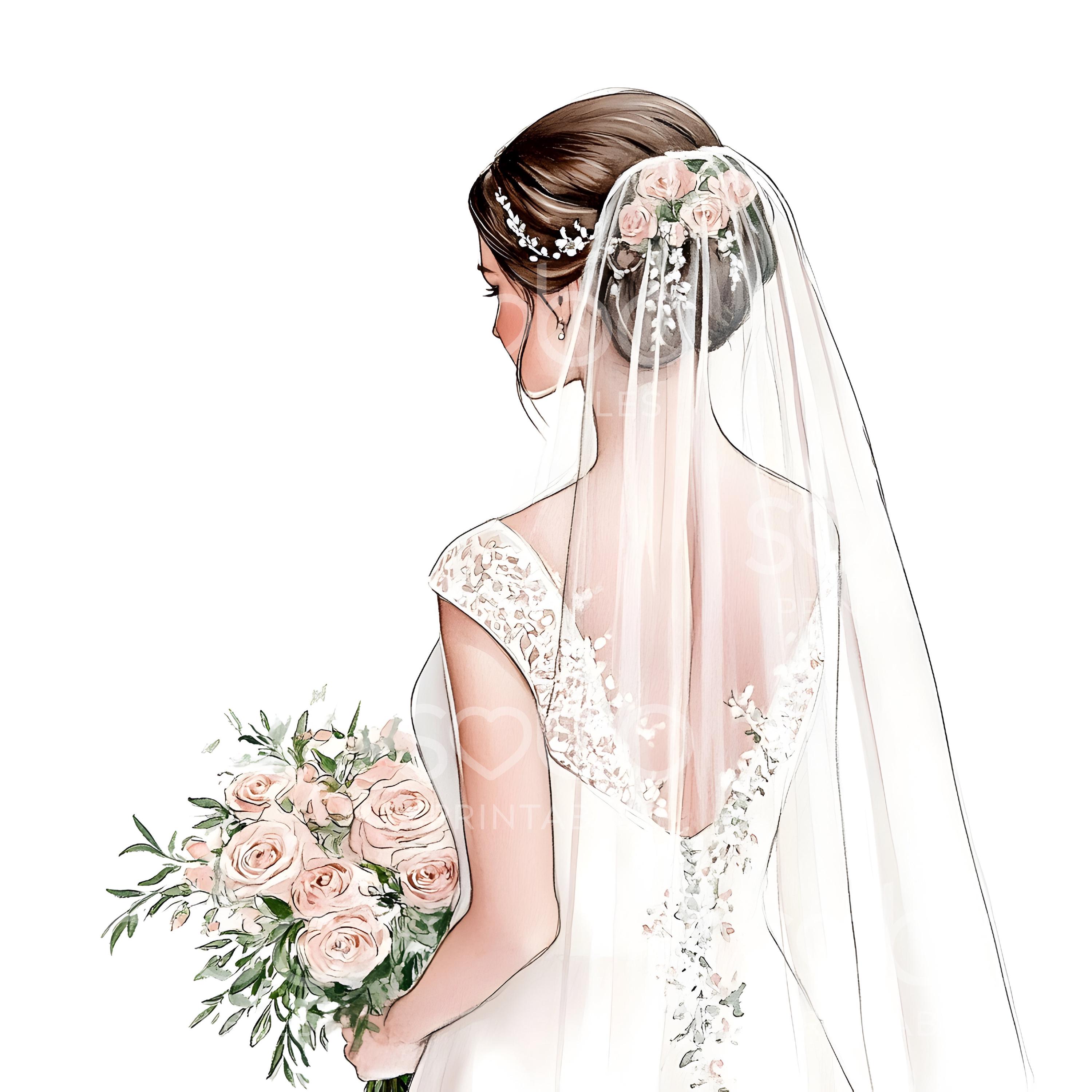 17 Bride With Bouquet Clipart, Wedding, Bride From Back, Printable