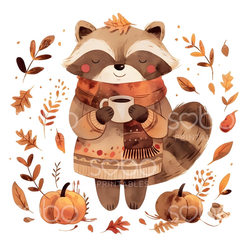 Cute Fall Raccoon Clipart - 11 High Quality Jpgs, Wall Art, Scrapbook ...