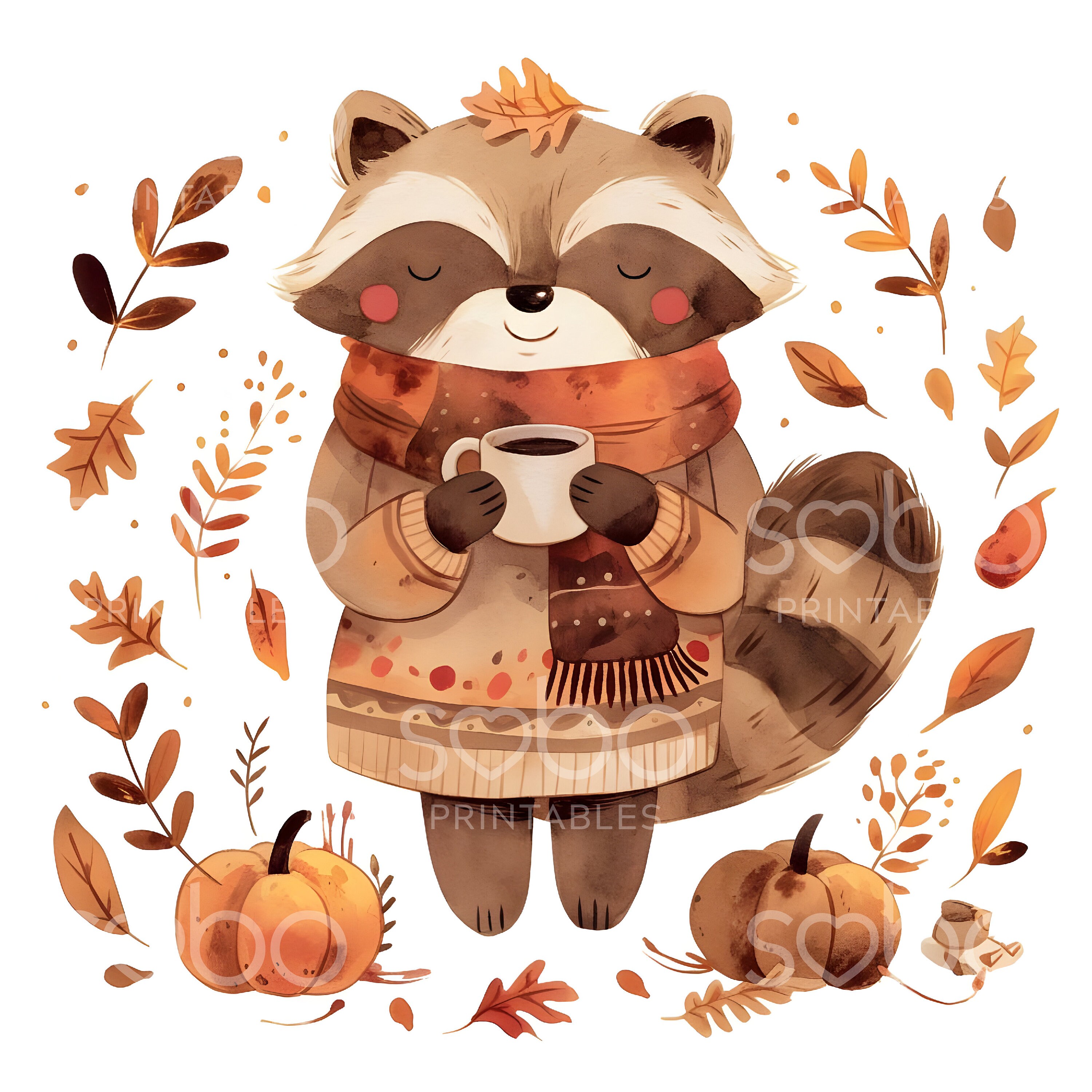 Cute Fall Raccoon Clipart - 11 High Quality Jpgs, Wall Art, Scrapbook ...