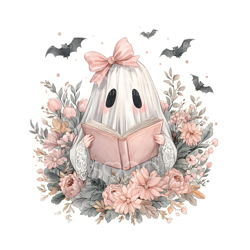 May include: A watercolor illustration of a friendly ghost reading a pink book, surrounded by pink and gray flowers and leaves. The ghost wears a pink bow and has black eyes. Three bats fly in the background.