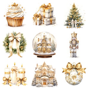 Clipart di elementi natalizi dorati - 10 JPG di alta qualità, download digitale, creazione di biglietti, tecniche miste, artigianato di carta digitale, artigianato festivo S35