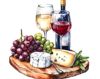 18 Wine And Cheese Board Clipart, Wine Glass Clipart, Printable Watercolor Clipart, High Quality JPGs, Digital Download, Junk Journal S505