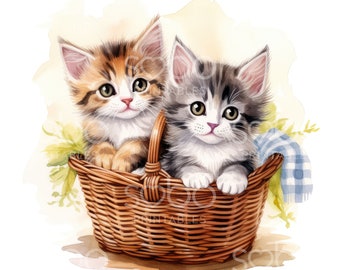Kitten in Basket Clipart - 12 High Quality JPGs, Digital Planner, Junk Journals, Wall Art, Apparel, Commercial Use, Digital Download S75