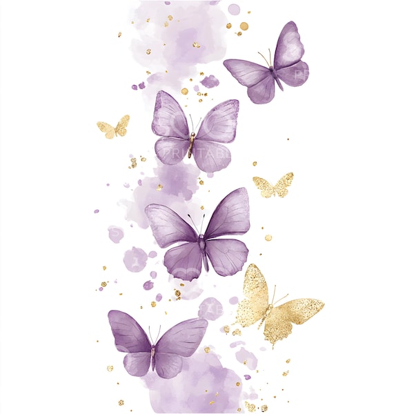 22 Purple Butterflies Clipart, Lilac Gold Butterfly, Wall Art, Watercolor Clipart, High Quality JPG, Digital Download, Junk Journal S245