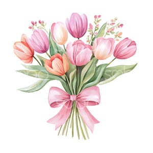 24 Tulpen Bouquet Clipart, Süßer Frühlingsblumenstrauß, Aquarellkunst, hochwertige JPGs, digitaler Download, Papierhandwerk, Junk Journal S732