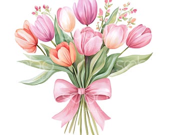 24 Tulips Bouquet Clipart, Cute Spring Floral Bouquet, Watercolor Art, High Quality JPGs, Digital Download, Paper Craft, Junk Journal S732