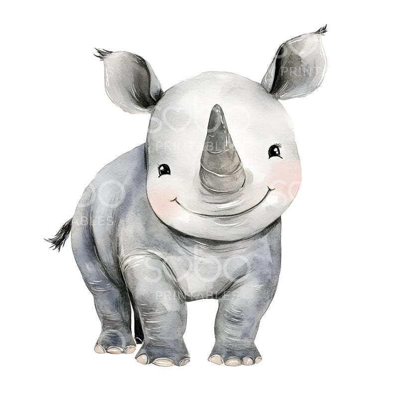 May include: A watercolor illustration of a gray rhinoceros with a large horn. The rhinoceros has a friendly expression and is standing on all fours.