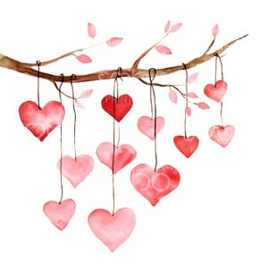 22 Clipart branche coeurs Saint-Valentin, coeurs d'amour, aquarelle imprimable Saint-Valentin, fichiers JPG de haute qualité, téléchargement numérique, créations en papier S517