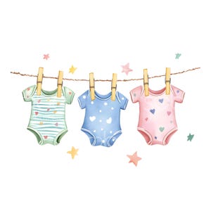23 Onesie Clothesline Clipart, Baby Shower, Wysokiej Jakości JPG, Wydrukowalna Sztuka Akwareli, Pobieranie Cyfrowe, Rękodzieło Papierowe, Dziennik Śmieci S798