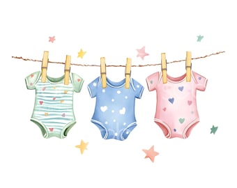 23 Onesie Clothesline Clipart, Baby Shower, High Quality JPGs, Printable Watercolor Art, Digital Download, Paper Craft, Junk Journal S798