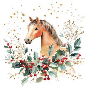 18 Clipart cheval de Noël, cheval festif, carte de Noël aquarelle, JPG de haute qualité, téléchargement numérique, créations en papier, Junk Journal S315