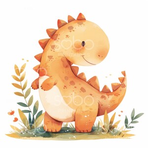 May include: A watercolor illustration of a cute orange dinosaur standing in a field of green and yellow plants. The dinosaur has a friendly expression and a long tail.