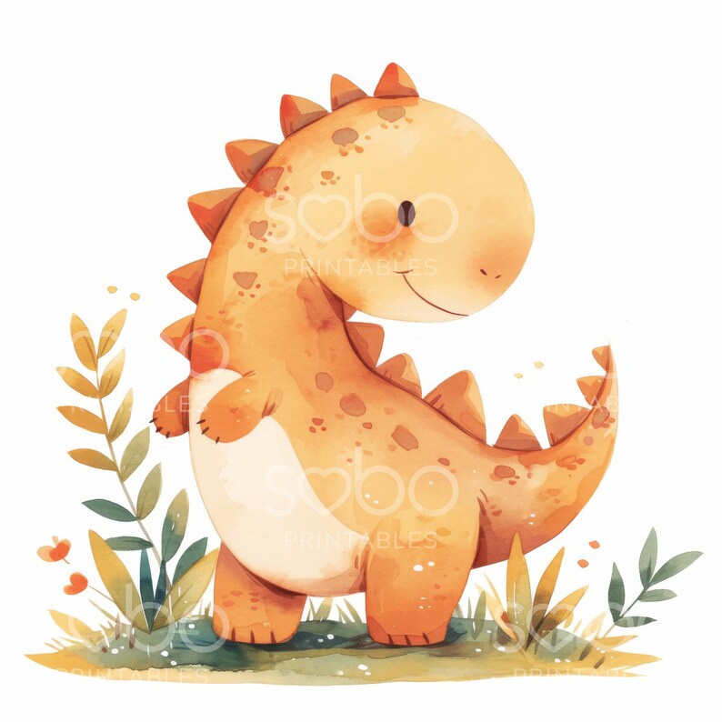 May include: A watercolor illustration of a cute orange dinosaur standing in a field of green and yellow plants. The dinosaur has a friendly expression and a long tail.