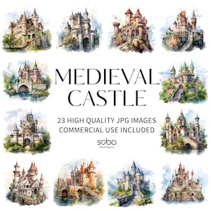 23 Medieval Castle Clipart, Watercolour Kingdom, Watercolour Clipart, High Quality JPGs, Digital download, High resolution, Paper Craft S193