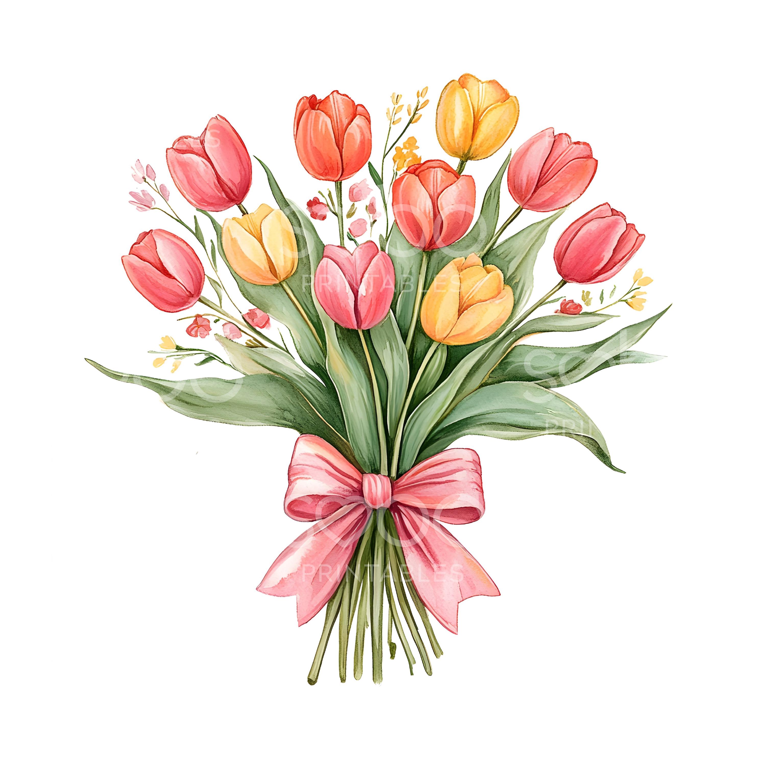 24 Tulips Bouquet Clipart, Cute Spring Floral Bouquet, Watercolor Art ...