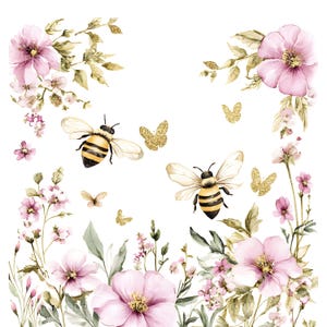 May include: Watercolor illustration featuring pink flowers, green leaves, and golden butterflies and accents. Two bees with black and yellow stripes are also present. The design has a whimsical, floral theme.
