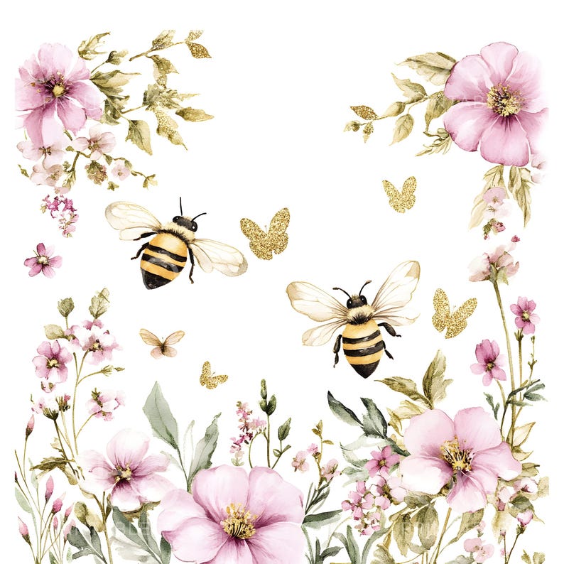 May include: Watercolor illustration featuring pink flowers, green leaves, and golden butterflies and accents. Two bees with black and yellow stripes are also present. The design has a whimsical, floral theme.