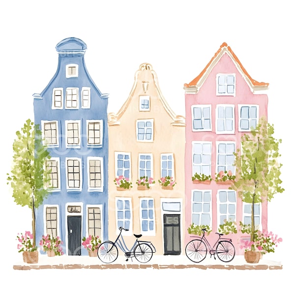 22 Cute Amsterdam Houses Clipart, Dutch Canal Houses, Pastel Houses Print, Amsterdam Travel Art, High Quality JPGs, Digital Download S275