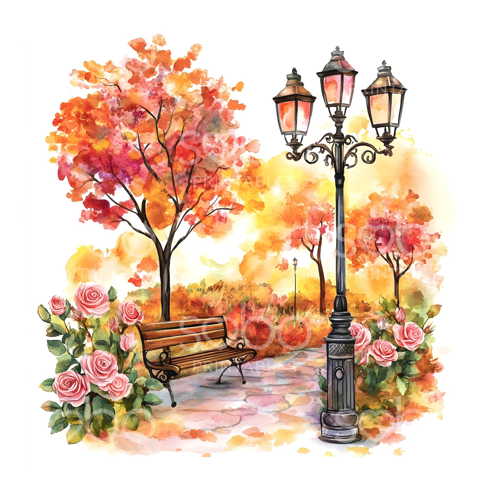 28 Autumn Fall Bench Clipart, Autumn Garden, Printable Watercolor ...