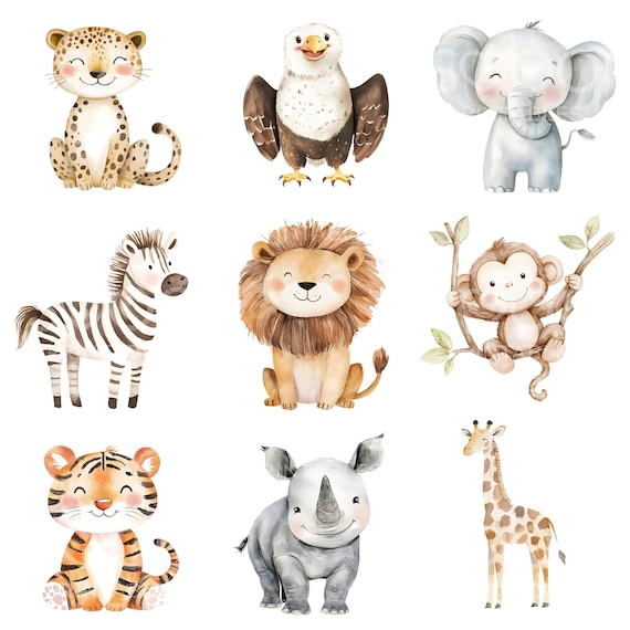 9 Safari Animals Clipart, Lion, Giraffe, Nursery Art, Jungle Animals Clipart, Cute Watercolor Animal, Jungle Animals, Digital Download S212