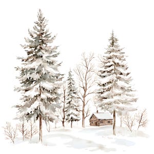 May include: Watercolor illustration of a snowy winter landscape featuring evergreen trees covered in snow, bare trees, and a small wooden cabin. The scene is painted in soft, muted tones of gray, brown, and white, evoking a serene, cold atmosphere.