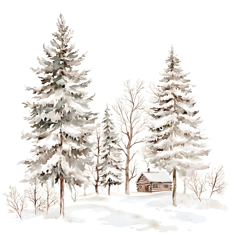 May include: Watercolor illustration of a snowy winter landscape featuring evergreen trees covered in snow, bare trees, and a small wooden cabin. The scene is painted in soft, muted tones of gray, brown, and white, evoking a serene, cold atmosphere.