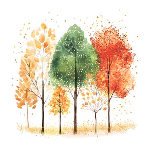 May include: Watercolor illustration of a group of trees in autumn colors. The trees feature shades of green, orange, and red, with gold glitter accents. The artwork is set against a white background, evoking a sense of the fall season.