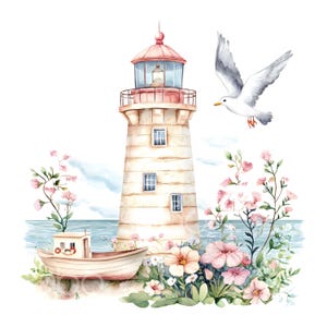 May include: Watercolor painting of a lighthouse with a red roof and white walls, a small boat in the water, and pink flowers in the foreground. A seagull flies above the lighthouse.