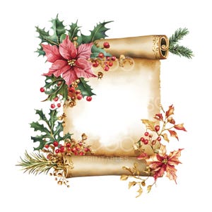 Puede incluir: Ilustración en acuarela de un pergamino navideño con flores de pascua rojas, acebo verde y bayas rojas. El pergamino es de color marrón claro con un centro en blanco. Acentos dorados y ramas de abeto completan el diseño festivo.