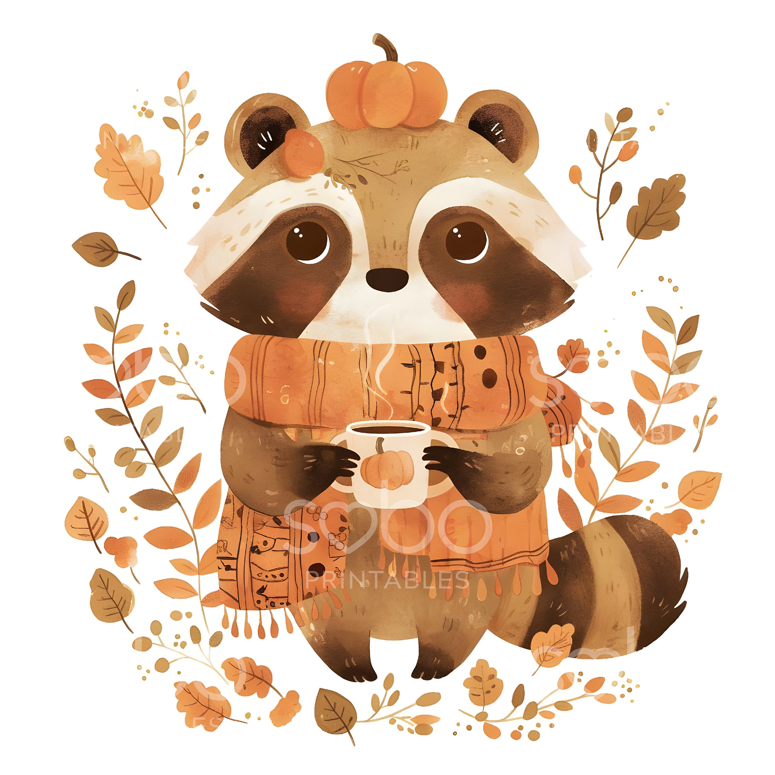 Cute Fall Raccoon Clipart - 11 High Quality Jpgs, Wall Art, Scrapbook ...