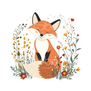 Puede incluir: Un zorro de dibujos animados sonriente, con pelaje naranja, orejas negras y pecho blanco, está sentado entre coloridas flores silvestres. La imagen tiene un estilo caprichoso e ilustrativo, ideal para la decoración o papelería infantil.