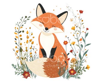 19 Vector Floral Fox Clipart, Floral Fox Cartoon, Cartoon Fox, Printable Watercolor, High Quality JPGs, Digital Download, Paper Craft U138