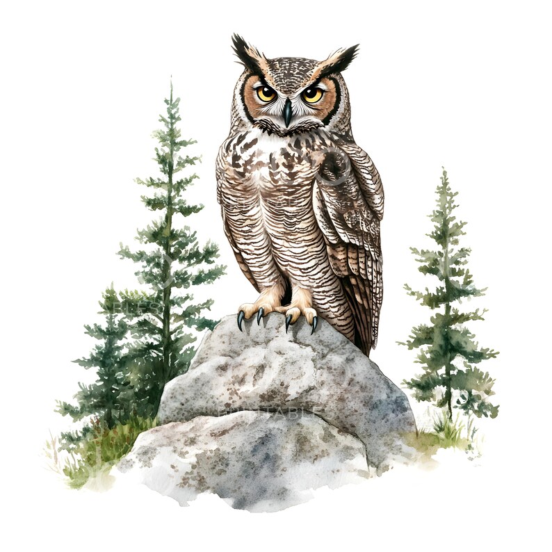 Washed Owl 21 Great Horned Owl Clipart, Horned Owl Forest, Printable Watercolor ...