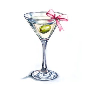 12 Clipart di fiocco di oliva per bicchiere da Martini, Martini con fiocco, Clipart di acquerello stampabile, JPG di alta qualità, download digitale, carta artigianale S592