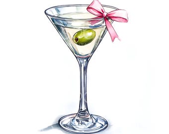 12 Martini Glass Olive Bow Clipart, Martini with Bow, Printable Watercolor Clipart, High Quality JPGs, Digital Download, Paper Craft S592