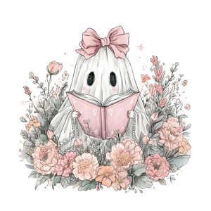 May include: A whimsical illustration of a ghost reading a pink book, surrounded by flowers. The ghost wears a large pink bow and is nestled among peach and pink peonies and other floral elements. The artwork has a soft, watercolor style.