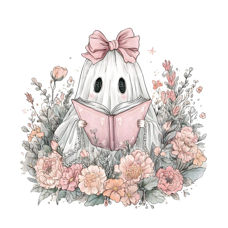 May include: A whimsical illustration of a ghost reading a pink book, surrounded by flowers. The ghost wears a large pink bow and is nestled among peach and pink peonies and other floral elements. The artwork has a soft, watercolor style.