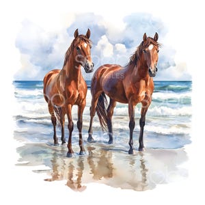 May include: Watercolor painting of two brown horses standing in the ocean surf. The horses have white markings on their faces and are reflected in the wet sand. The background features a blue ocean and a cloudy sky.