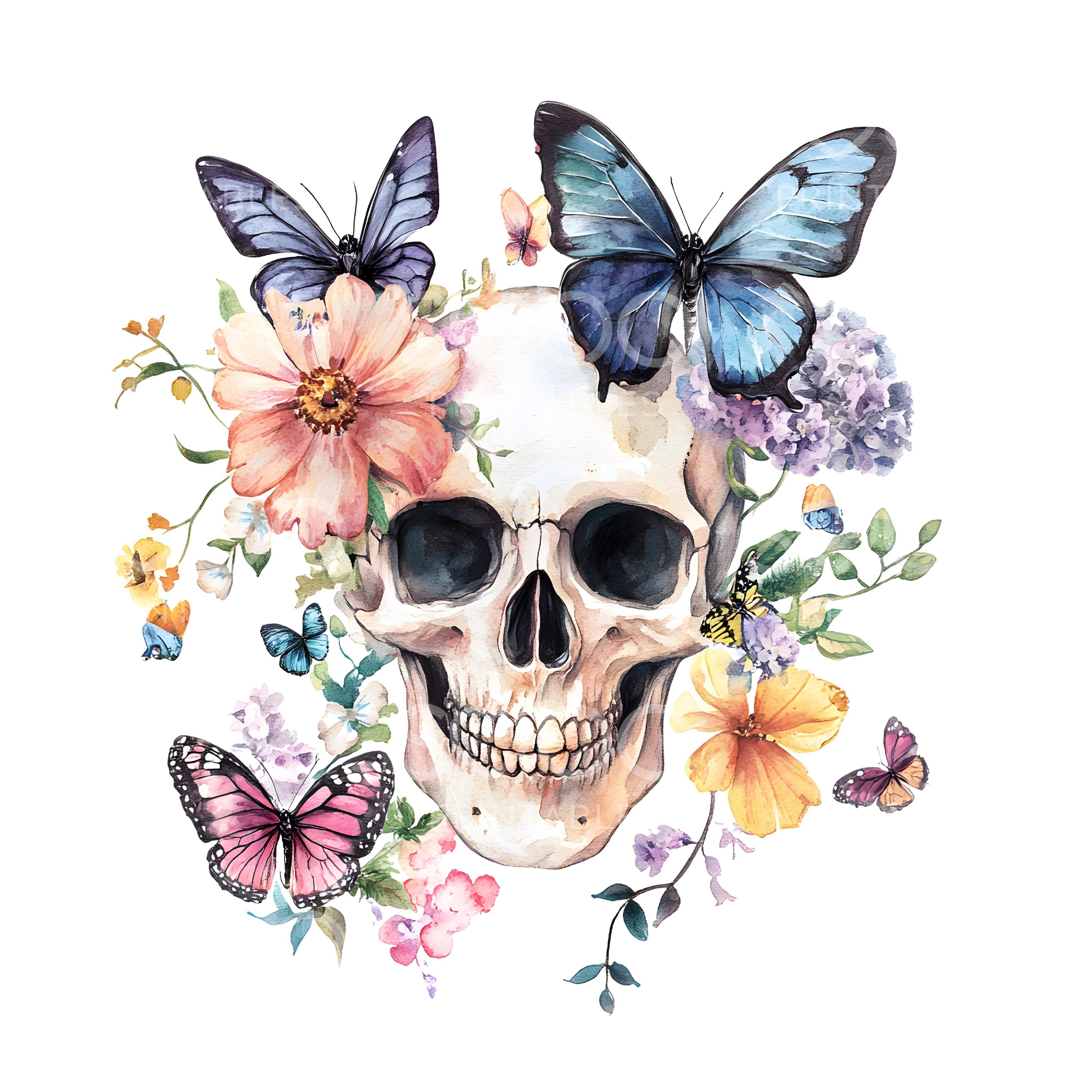 27 Butterfly Skull Clipart, Floral Skull, Printable Watercolor Art 