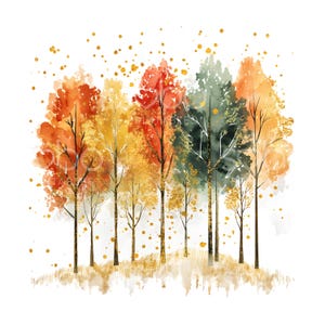 May include: A watercolour painting of a row of trees with autumn colours. The trees are in shades of red, orange, yellow, and green, with gold accents. The artwork has a white background and gold speckles.
