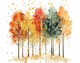 33 Autumn Trees Clipart, Gold Autumn Trees, Festive Clipart, Printable Watercolor, High Quality JPGs, Digital Download, Paper Craft U58