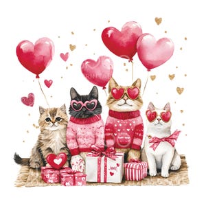 May include: Three cats wearing pink sweaters and heart-shaped sunglasses are sitting with Valentine's Day gifts and red heart balloons. The cats are surrounded by gold glitter.