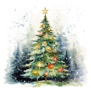 Puede incluir: Una pintura de acuarela de un árbol de Navidad decorado con luces y adornos en un entorno de bosque nevado.