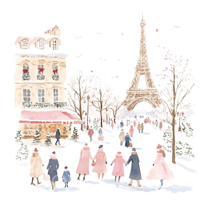May include: A watercolor painting of a snowy Parisian street scene with the Eiffel Tower in the background. People are walking along the street, some wearing pink coats and hats. There are trees and buildings decorated with Christmas lights and wreaths.