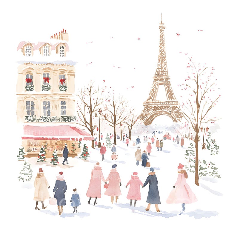 May include: A watercolor painting of a snowy Parisian street scene with the Eiffel Tower in the background. People are walking along the street, some wearing pink coats and hats. There are trees and buildings decorated with Christmas lights and wreaths.