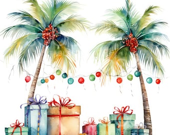 Imágenes prediseñadas de palmeras navideñas tropicales - 14 JPG de alta calidad, artesanía de papel digital, paquete de imágenes prediseñadas, diario, ropa, arte de pared, artesanía digital S24