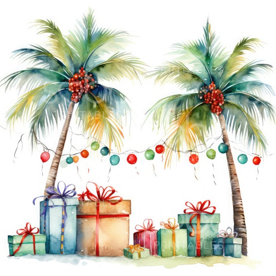 Tropical Christmas Palms Clipart - 14 High Quality JPGs, Digital Paper Craft, Clipart Pack, Journaling, Apparel, Wall Art, Digital Craft S24