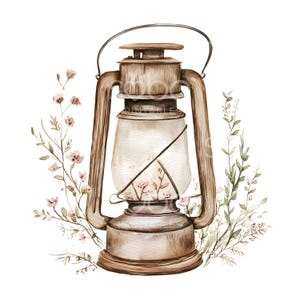May include: A vintage-style oil lamp with a brown wooden handle and a glass globe. The lamp is surrounded by delicate pink and green floral sprigs.